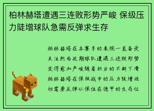 柏林赫塔遭遇三连败形势严峻 保级压力陡增球队急需反弹求生存