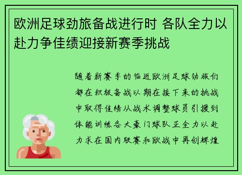 欧洲足球劲旅备战进行时 各队全力以赴力争佳绩迎接新赛季挑战