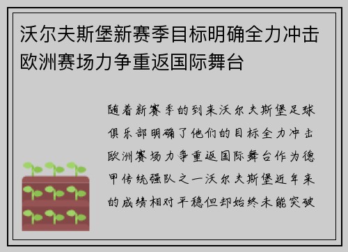 沃尔夫斯堡新赛季目标明确全力冲击欧洲赛场力争重返国际舞台