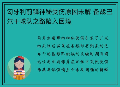 匈牙利前锋神秘受伤原因未解 备战巴尔干球队之路陷入困境