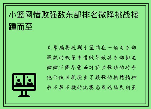 小篮网惜败强敌东部排名微降挑战接踵而至