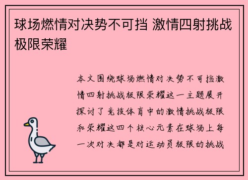 球场燃情对决势不可挡 激情四射挑战极限荣耀